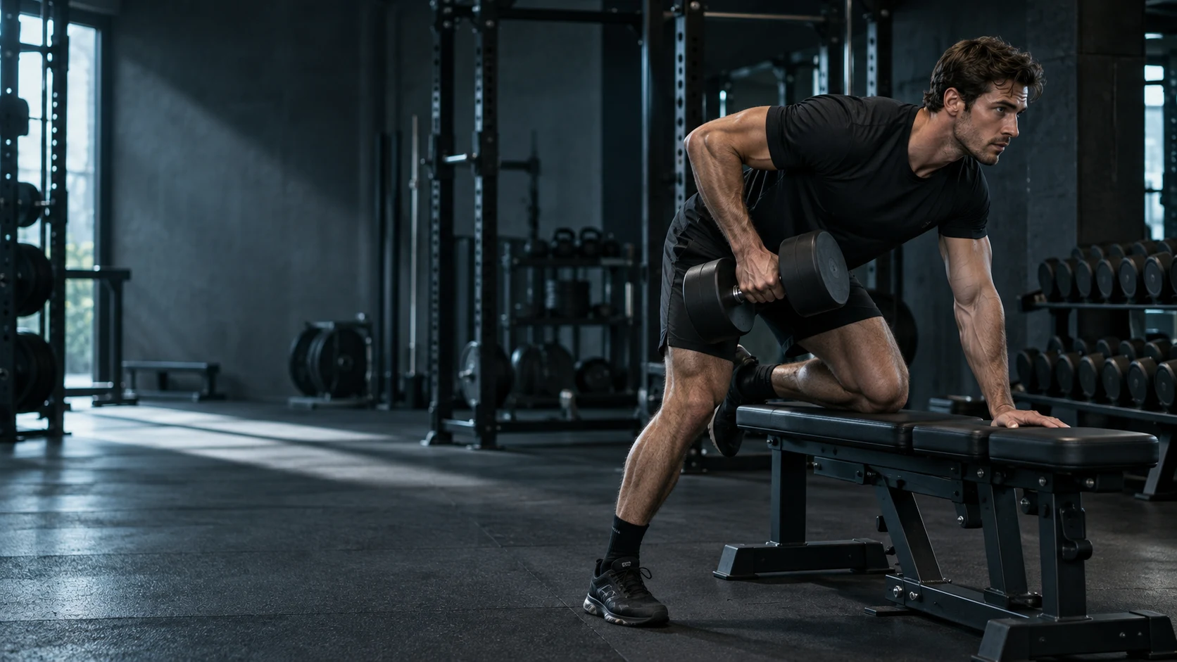 Athlete performing a dumbbell row during strength training